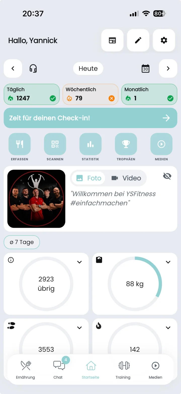 Startseite der Online Coach App